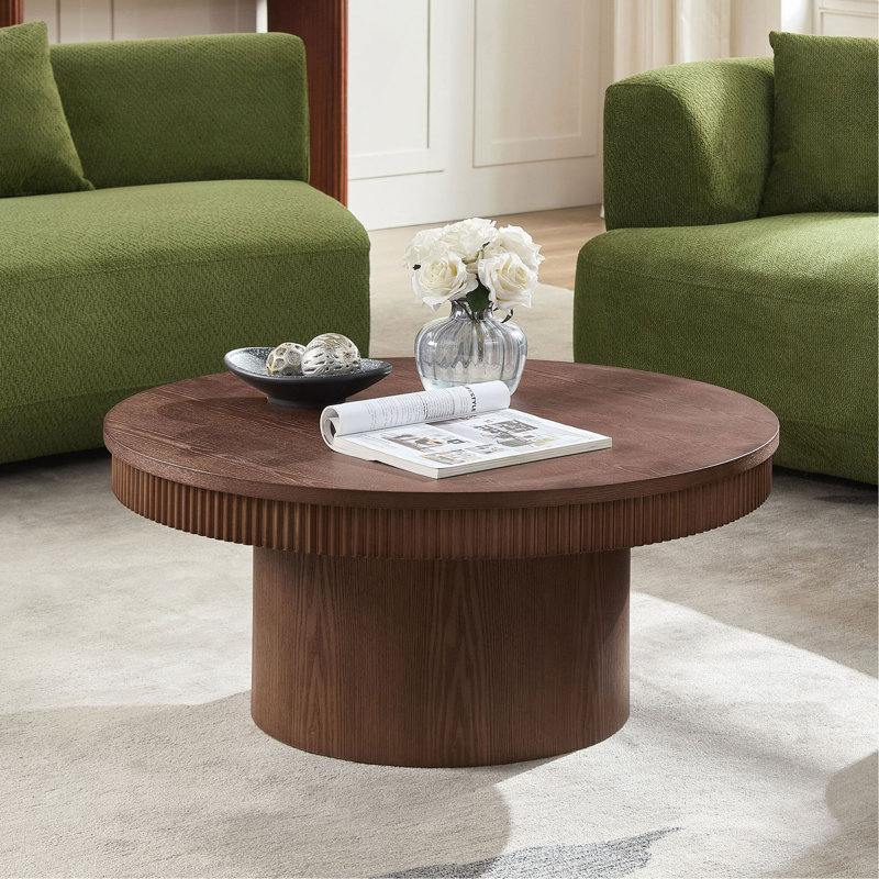 Table basse ronde en noyer de 35,43 pouces avec garniture ondulée nervurée en bois massif, panneau de fibres à densité moyenne et placage de bois pour salon, appartement et bureau