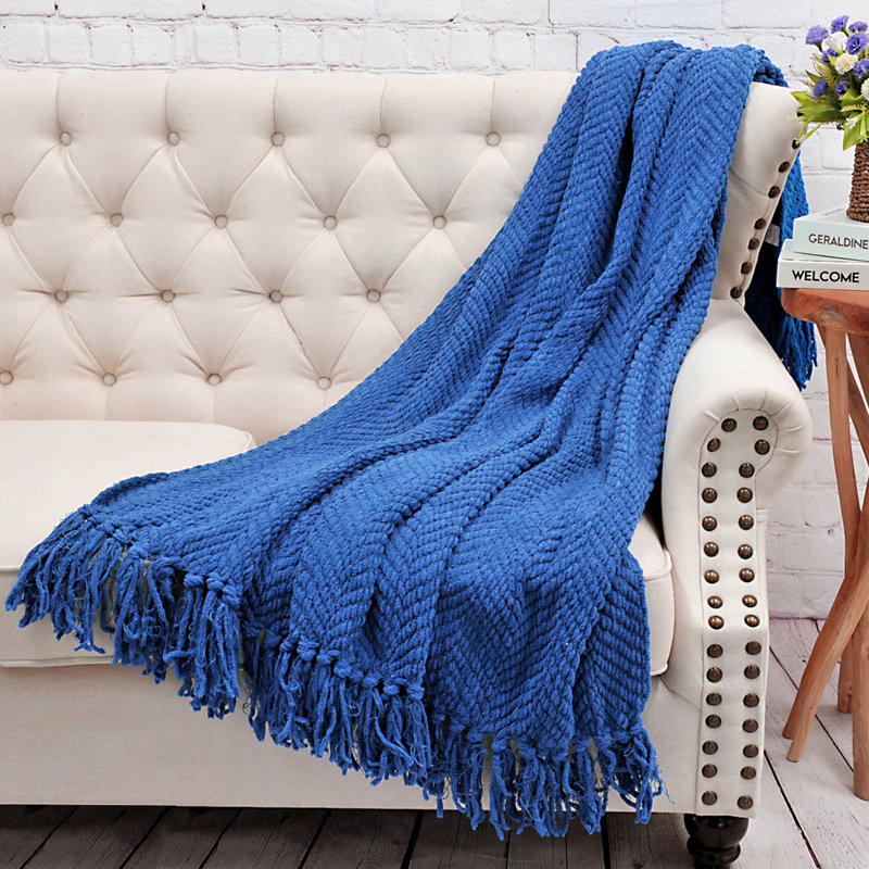 Jeté en tricot de tweed, Bleu tuba, 50 po x 60 po