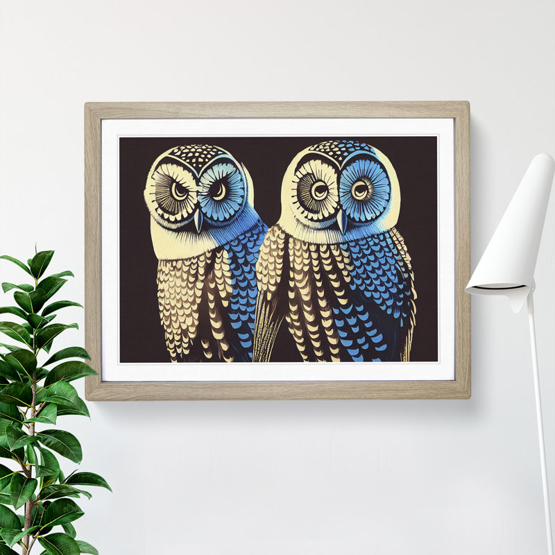 XH1022-6543X Owl Illustration - Single Picture Frame Print, 25cm H x 34cm W, Grey