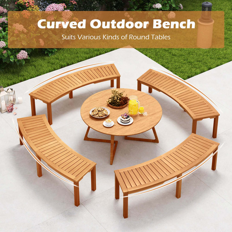 4-Piece Outdoor Curved Acacia Wood Bench Set for Yard