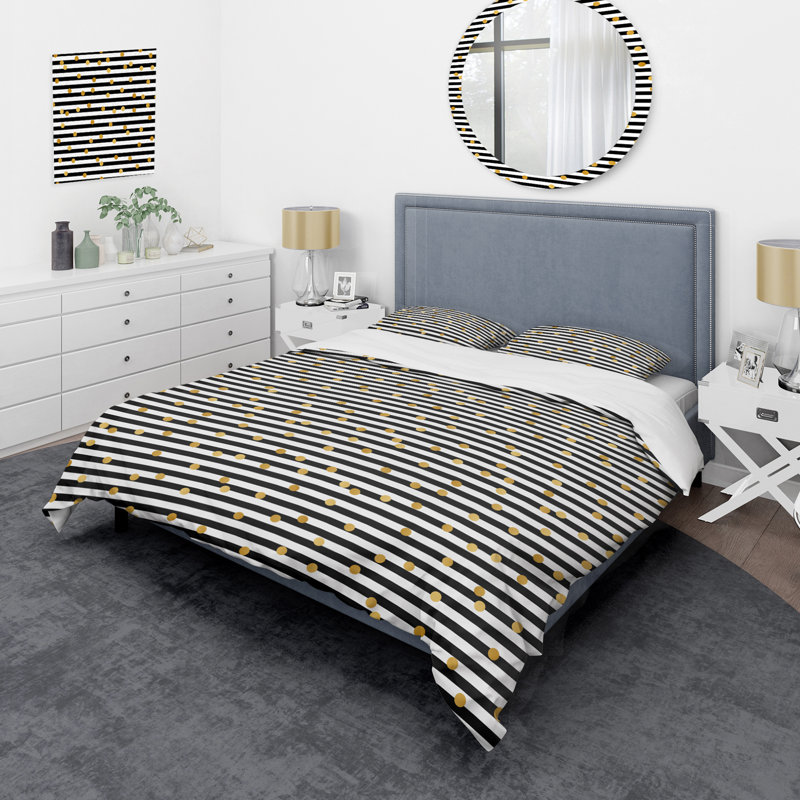 Gold Circle Dots - Abstract Duvet Cover Set - Microfiber Polyester, Queen Duvet Cover + 2 Standard Shams