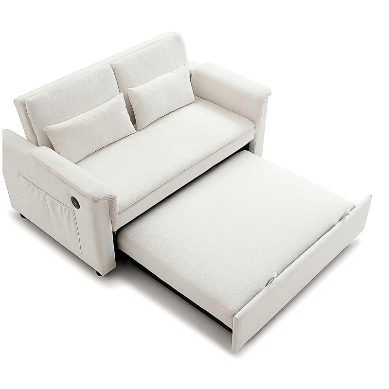 Canapé-lit à deux places en velours de 55 po, dossier réglable avec ports USB, deux poches latérales, canapé-lit convertible 3 en 1, causeuse moderne, 2 coussins de taille pour le salon, BEIGE
