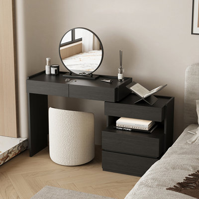 Small Minimalist Integrated Vanity Table, Black Oak Wood Grain