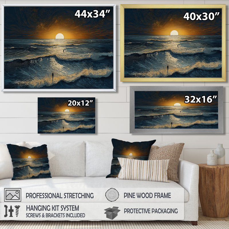 Alone On The Waves Majestic Ocean Sunset - salon d'art mural plage et océan, Toile avec cadre flottant brun