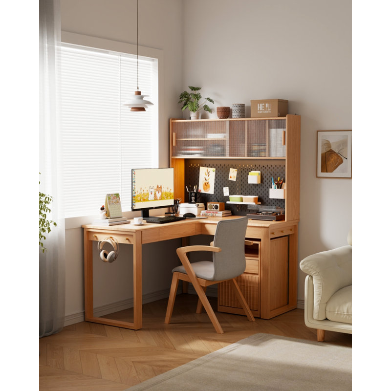 Bureau moderne en bois massif avec bibliothèque intégrée en forme de L