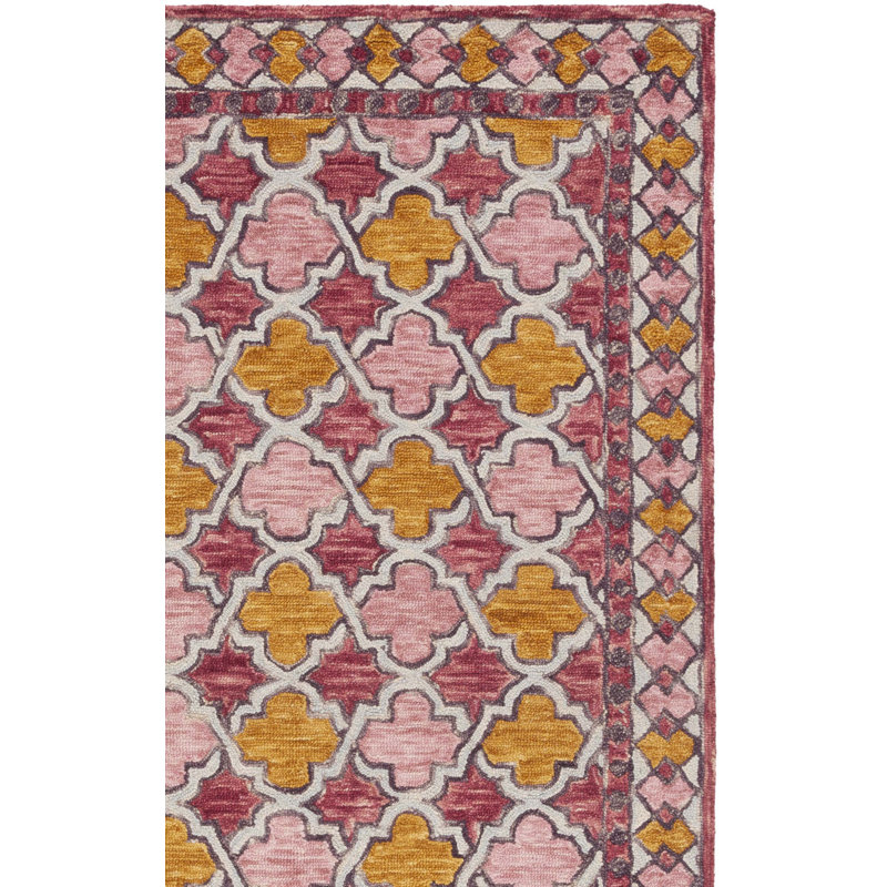 Tapis jaune / rose en laine / coton touffeté à la main Butlin, Tapis de couloir 2 pi 3 po x 9 pi