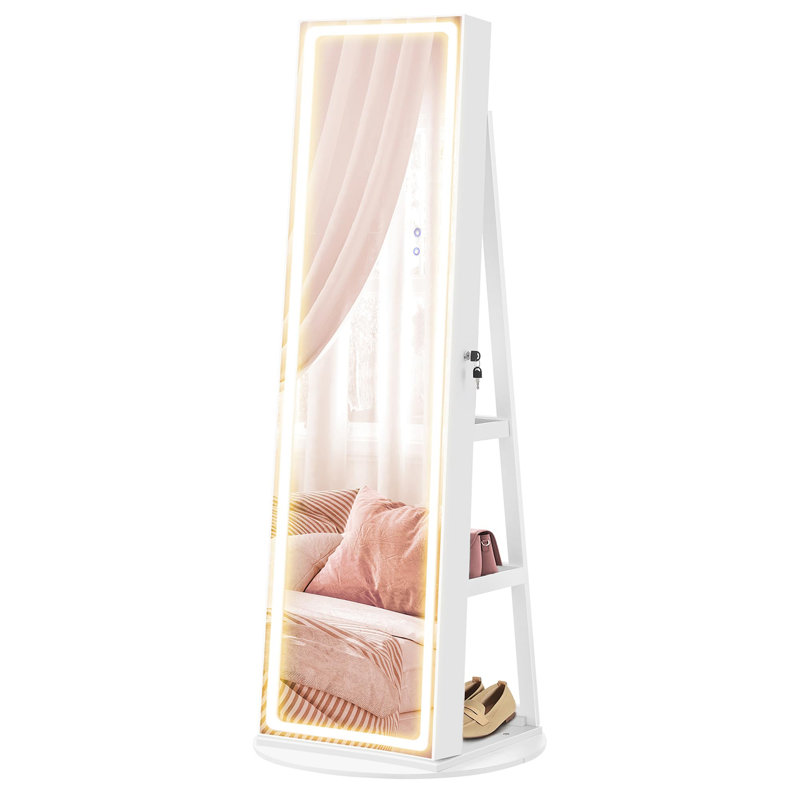 LED Mirror Jewelry Cabinet Standing, Lockable Jewelry Armoire with Full-Length Mirror and Adjustable LED Lights, White