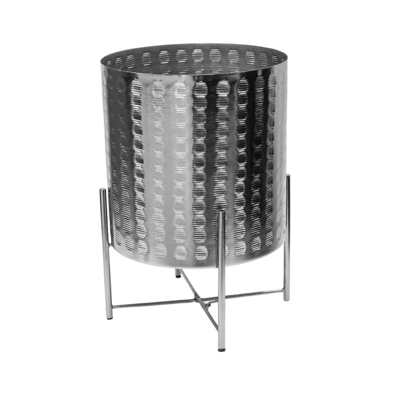 Ivyline Indoor Zendaya Embossed Metal Planter With Metal Pot Planter, Silver