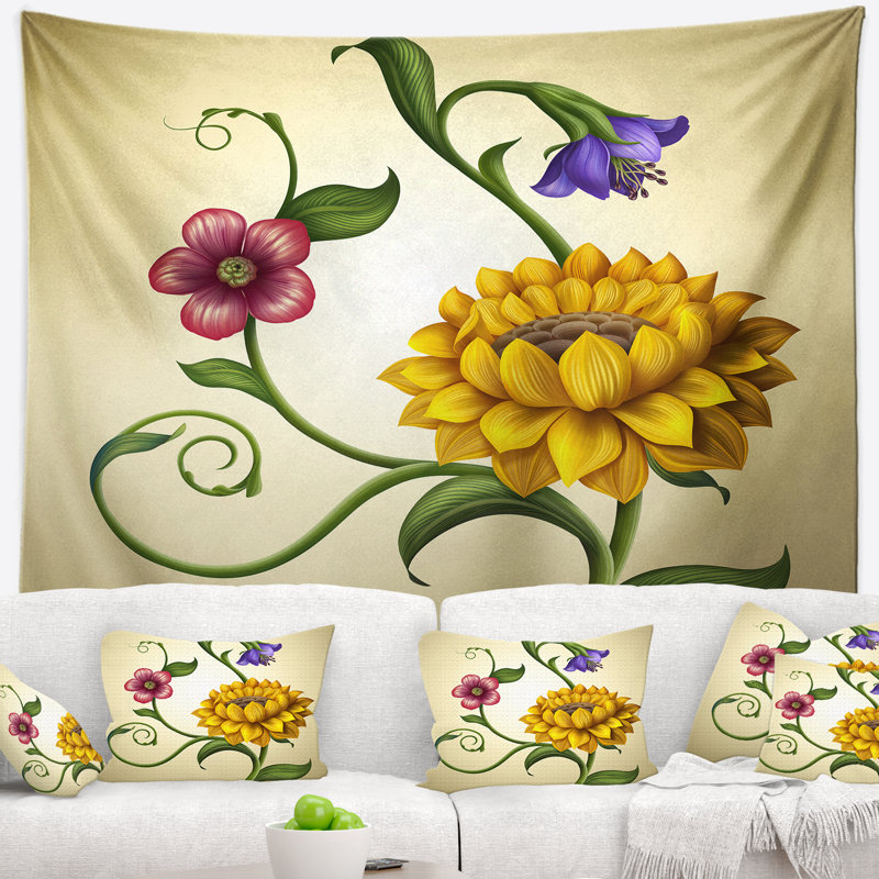 Tapisserie illustration de fleurs et feuilles floral, H 32 po x l 39 po