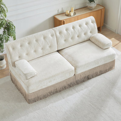 Canapé de style Chesterfield en velours doux, conception capitonnée à boutons, jupe de frange à franges sur le plancher, facile à assembler, combinaison libre, pour les salons
