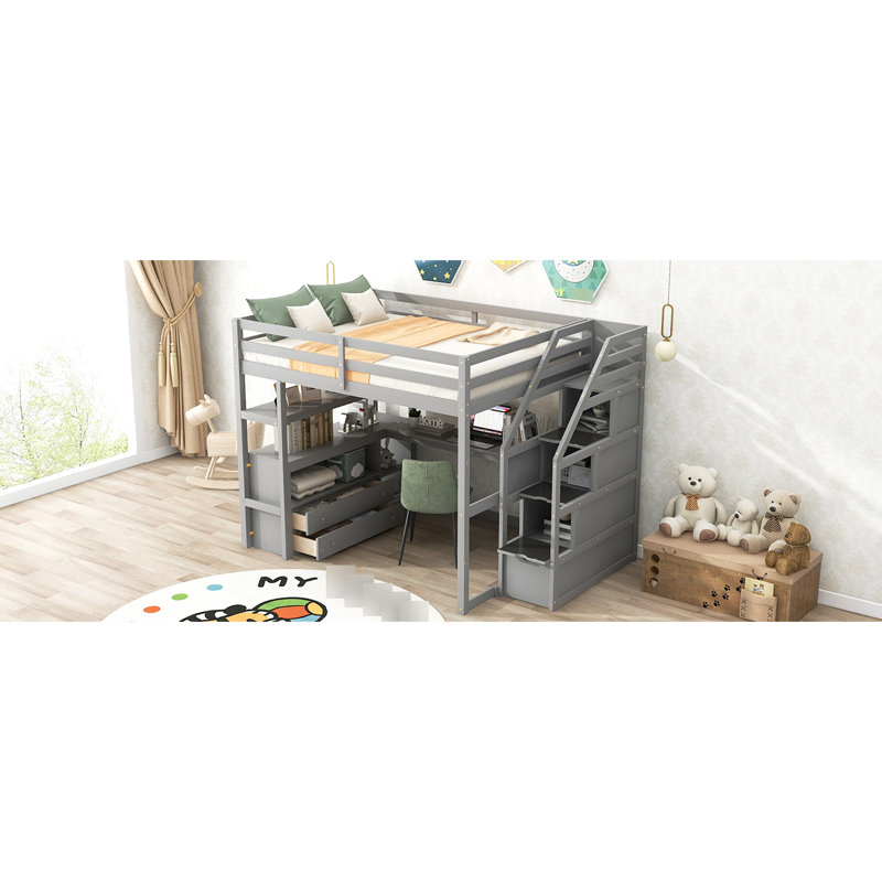 Lit mezzanine double gris avec bureau, tablettes, tablettes pratiques de rangement, Gris, Lit double