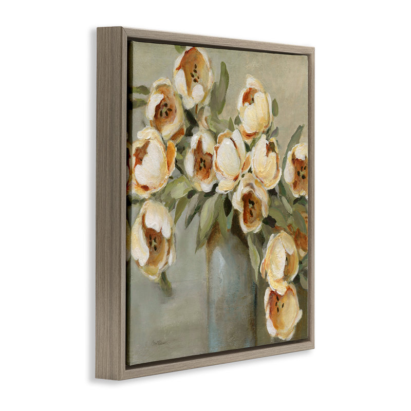 Fleurs courbées dans un vase avec cadre flottant, design par Carol Robinson, H 18 po x l 18 po