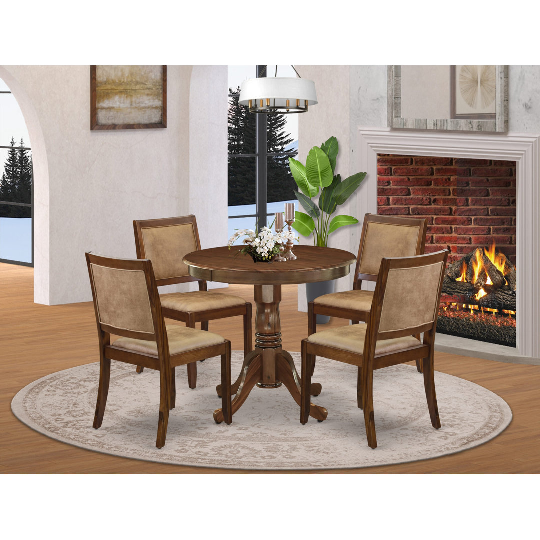 Dining Set Includes a Round Kitchen Table with Antique Walnut Tabletop and Stackable Polyester Fabric Chairs, Antique Walnut Darby Home Co Pieces 