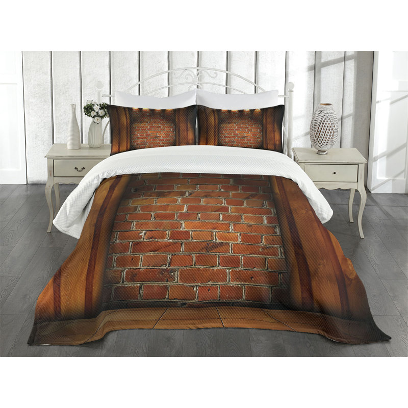 Ambesonne Rustic Wall Bedspread Set Brickwork Orange Dark Orange, King Coverlet/Bedspread + 2 Pillow Shams