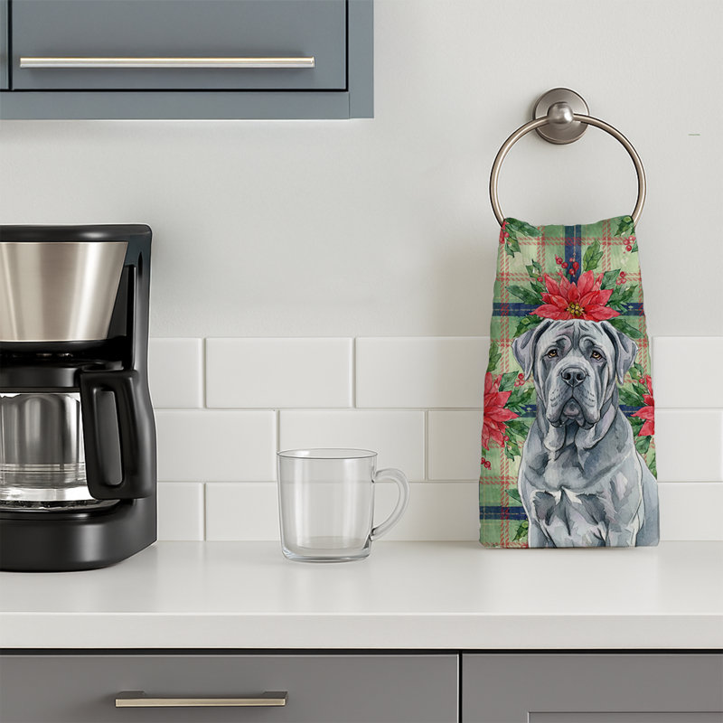 Blue Neapolitan Mastiff Christmas PoinsettIas Kitchen Towel, Blue Neapolitan Mastiff