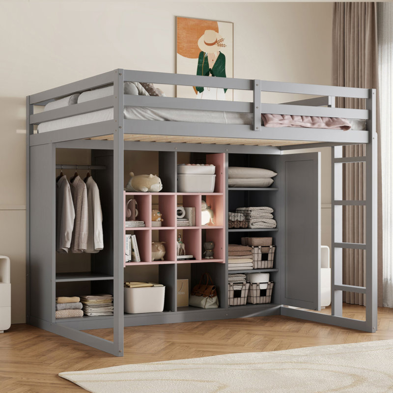 Lit mezzanine avec rangement ouvert en bois avec garde-robe ouverte et armoire fermée, lit mezzanine multi-niveaux avec escalier réversible et garde-corps de sécurité pleine longueur pour petites chambres