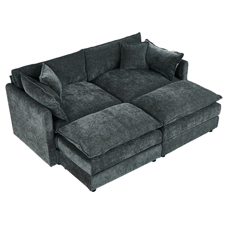 Modern Chenille Loveseat Sofa Couch With Ottoman, Gray Chenille, 33.85" H x 77.16" W x 35.82" D