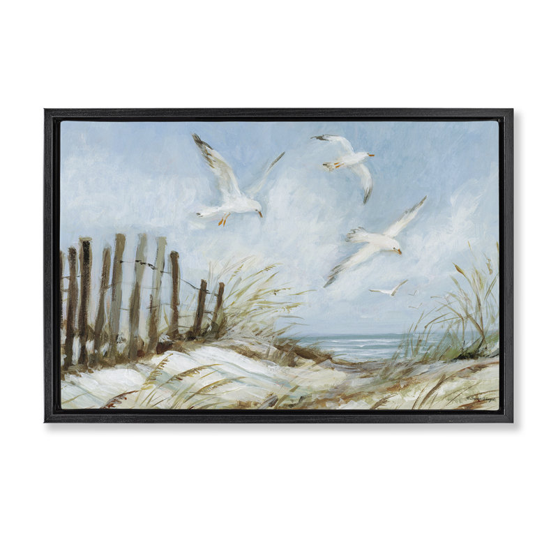 "Seagulls Over Beach Path", art mural par Susan Winget, Cadre flottant noir de jais, H 17 po x l 25 po