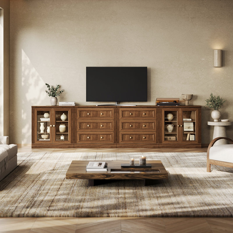 Buffet modulaire moderne Monos avec vitrines et meuble bas à 3 tiroirs, noyer, Brun