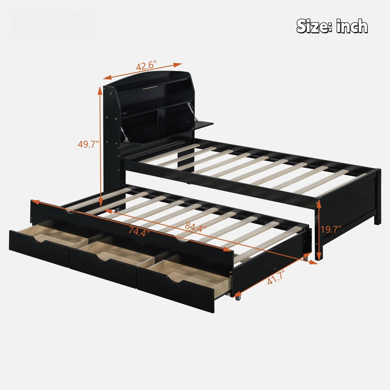 Lit plateforme en bois avec lit gigogne, tête de lit et tiroirs de rangement, Gris, Simple
