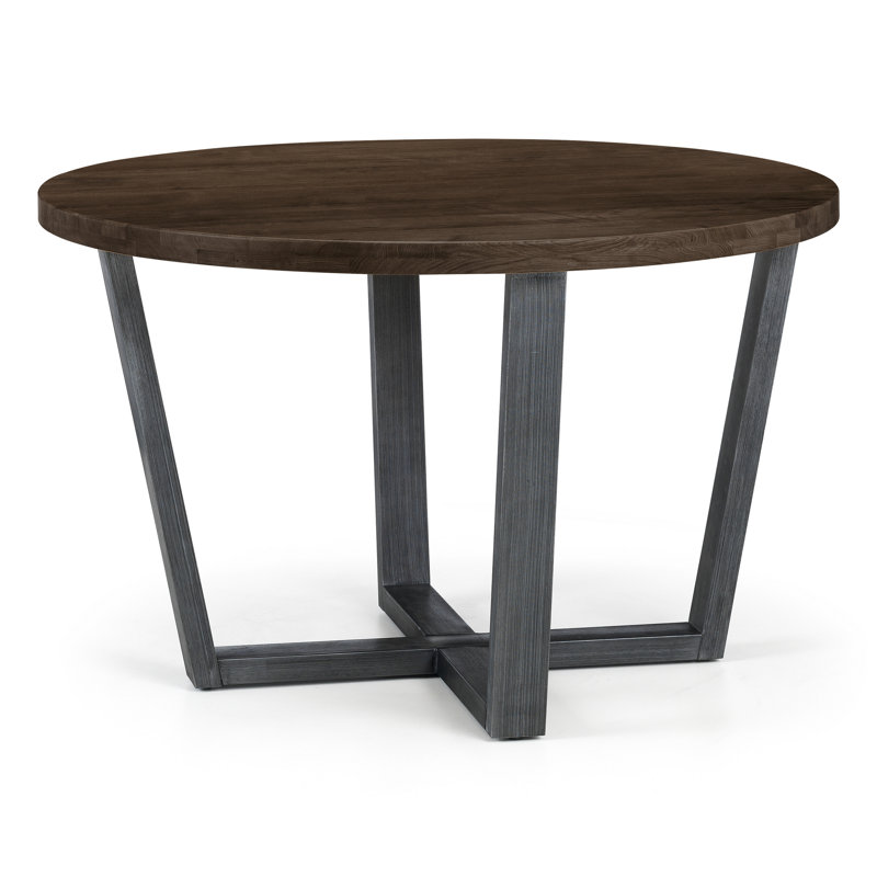 Armor Oak Round Solid Wood Top Metal Base Dining Table, Dark Oak/Black
