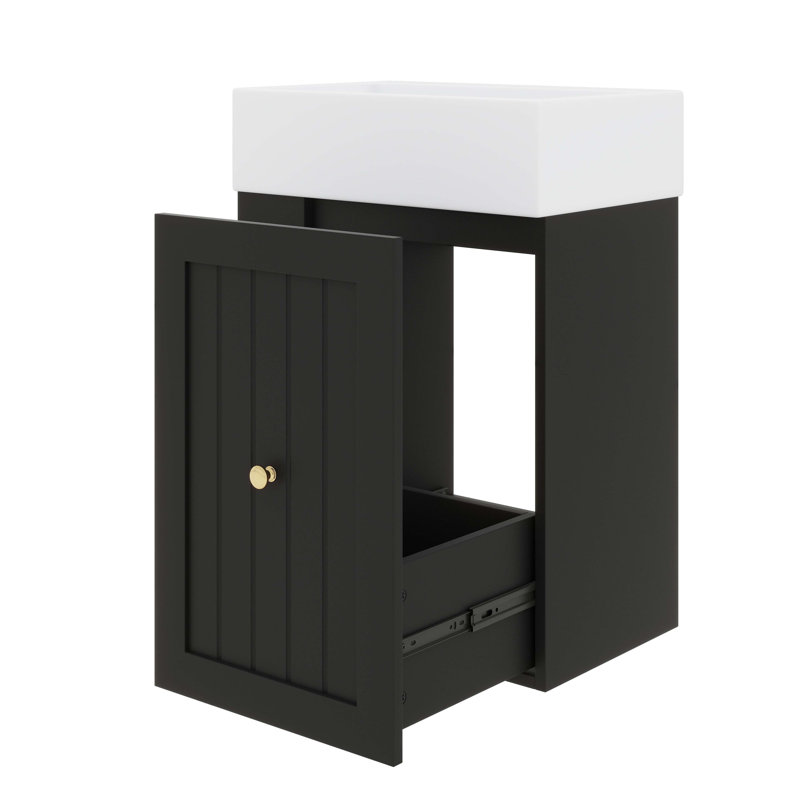 Meuble-lavabo moderne de 20 po pour les petites salles de bain, lavabo en céramique, armoire de rangement en panneau de fibres à densité moyenne avec tiroir, tablette latérale et poignée dorée