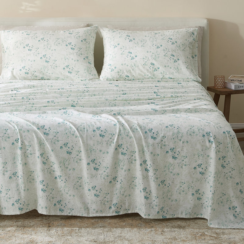 Ensemble de draps 100% coton, Floral abstrait - bleu, Ensemble de draps pour lit double + un drap-housse