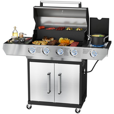 Barbecue au gaz à 4 brûleurs SKOK avec brûleur latéral et grilles en fonte émaillée de porcelaine, 60 000 BTU, surface de cuisson de 629 po² et boutons lumineux à DEL pour la cuisson à l'extérieur