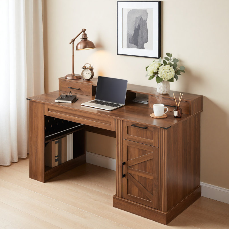 Farmhouse Office Desk With Storage Cabinet, Charging Station, Barn Door Design, Keyboard Tray, Monitor Stand And Pegboard