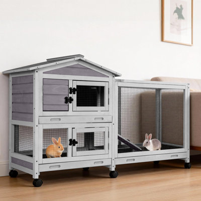 Upgraded Mobile Bunny Cage With Wheels - 62" L Indoor/outdoor Rabbit Hutch, Waterproof Roof, 3 Leakproof Trays, Anti-cheat Design For Rabbits, Guinea Pigs & Small Pets