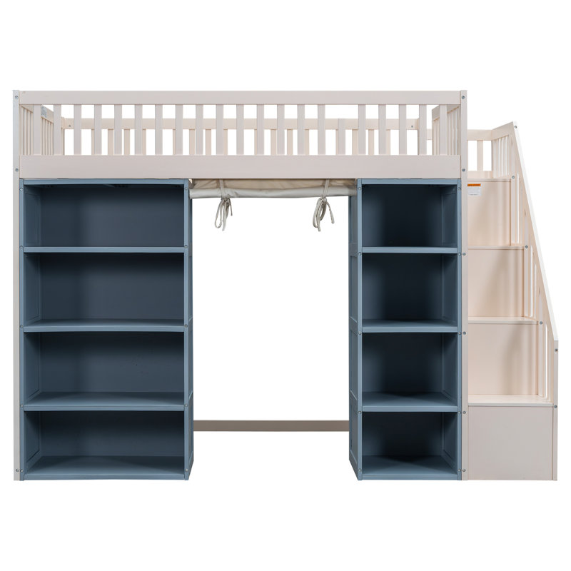 Lit mezzanine double avec 2 armoires de rangement à quatre couches et rideau, blanc et bleu