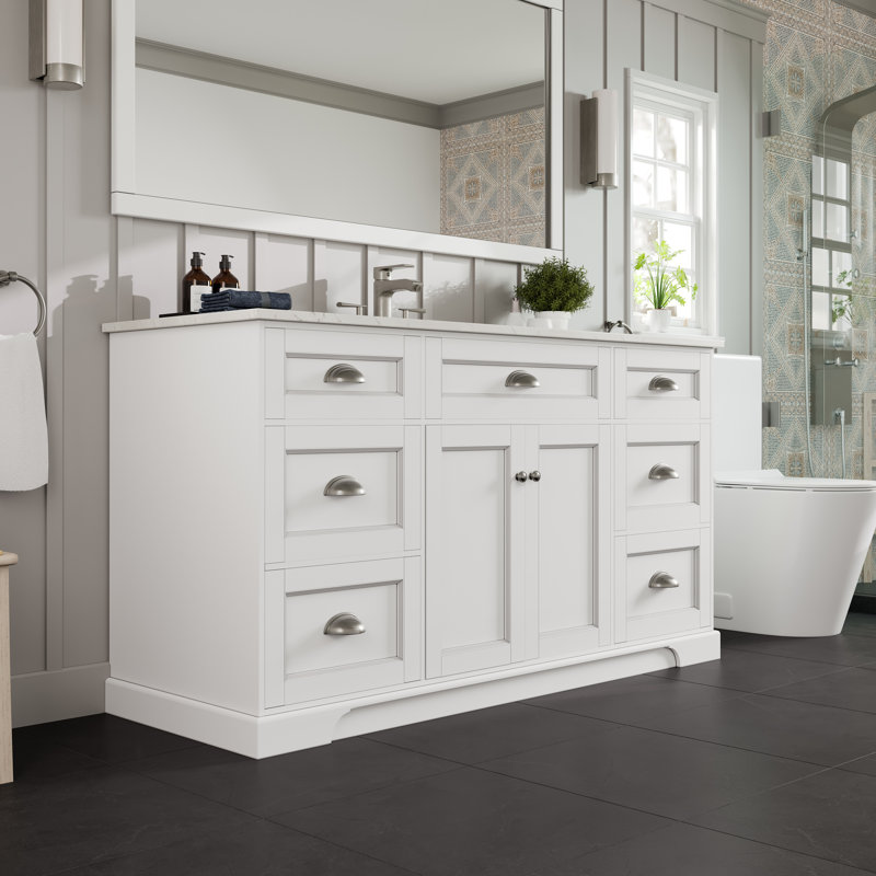 Didomenico 60"W X 22"D Bathroom Vanity With White Carrara Quartz Countertop And Undermount Porcelain Sink, White
