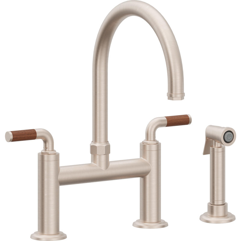 Descanso Side Spray Kitchen Faucet, Satin Nickel, With Side Spray, Teak Lever Handle