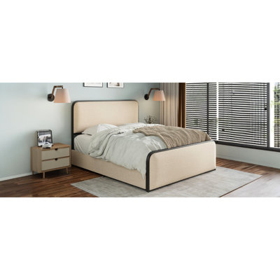Modern Metal Bed Frame With Curved Upholstered Headboard And Footboard Bed With Under Bed Storage, Heavy Duty Metal Slats