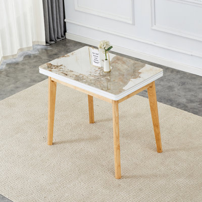 Plateau de table imitation marbre fritté avec pieds en bois d'hévéa, bureau d'ordinateur pliable, bureau pliable, convient aux restaurants, salons, terrasses, cuisines.