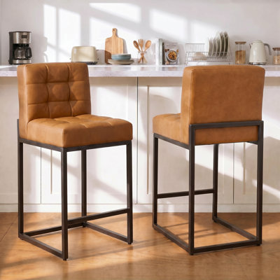 Modern Counter Height Bar Stools Set of 2,25 inch Checkered Wiring Thick Upholstered Barstools with Back Sturdy Metal Legs, Brown Faux Leather Counter Stools for Kitchen Island (Set of 2)