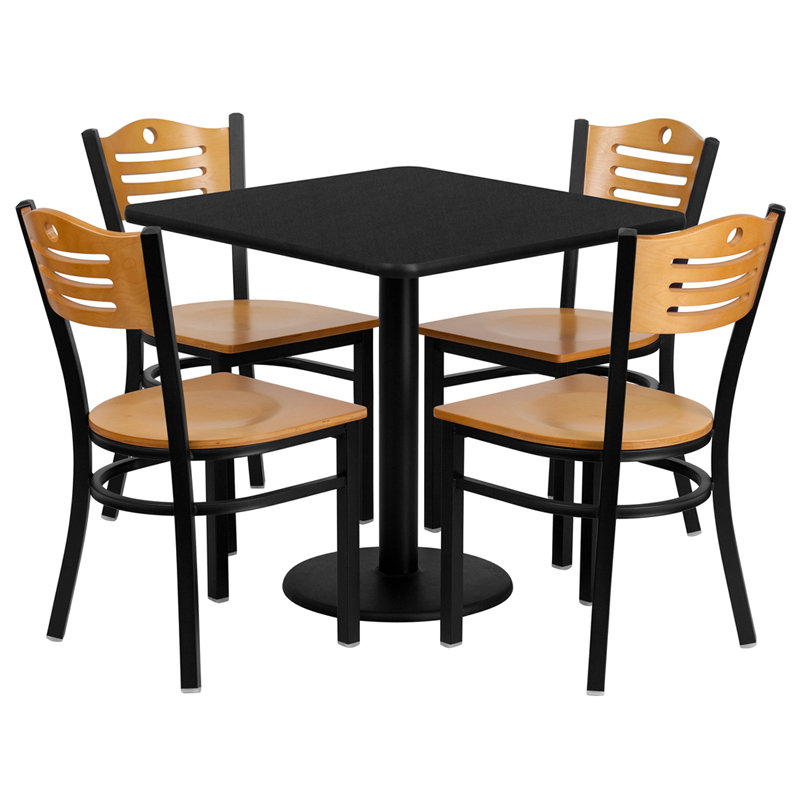 Sid 30" Square Laminate Table Set with 4 Metal Chairs - Natural Wood Seat