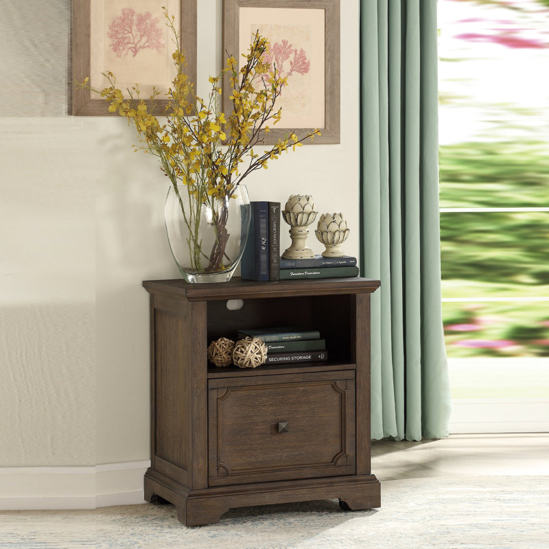 Classeur de bureau au fini chêne foncé patiné, 1 tiroir avec glissières à roulement, rangement et pour une mobilité en douceur Bureau, armoire, rustique, transitionnel, tiroir, tablette, document pratique