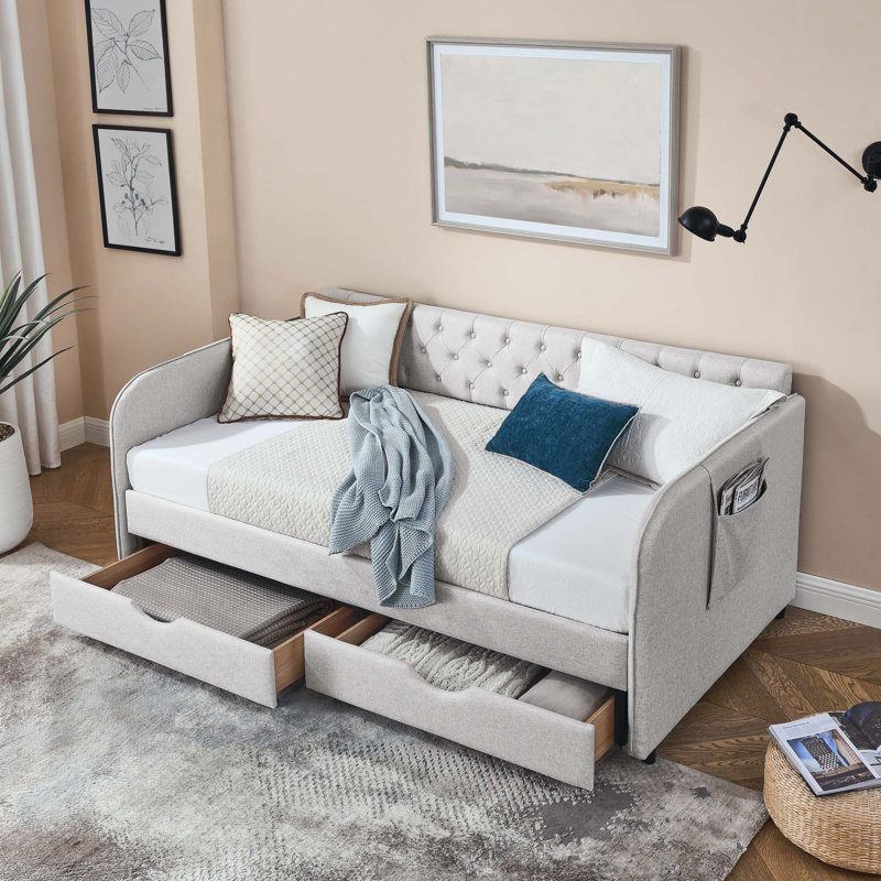 Twin Size Upholstery Extendable Daybed With Trundle Bed, Beige