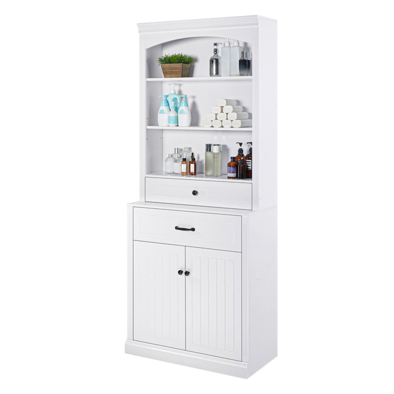 Armoire de rangement blanche avec quatre portes, tiroirs, tablettes réglables et six tablettes ouvertes blanches