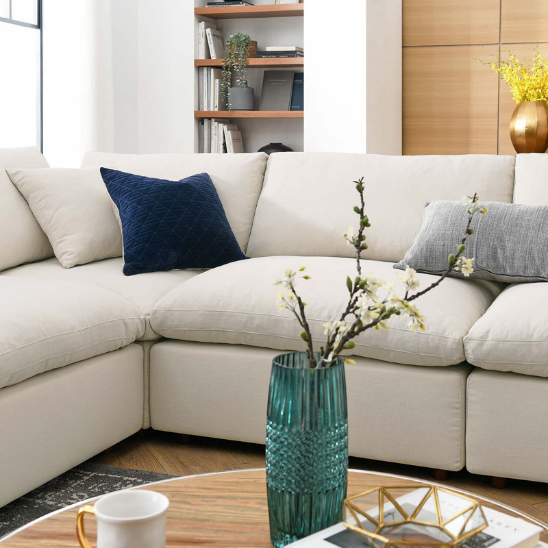 Modway Commix Down-Filled Overstuffed Upholstered Sectional Sofa Set, 8 Piece U Shape, Light Beige Polyester Blend
