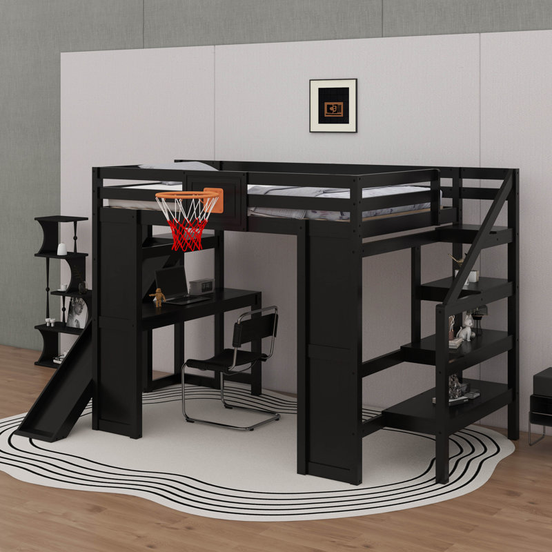 Loft Bed With Slide & Stairs & Desk, Wooden Loft Bed With Basketball Hoop, High Loft Bed With Guardrails & Storage Racks