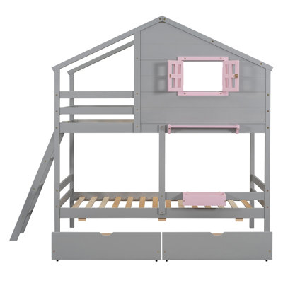 Grey Twin Over Bunk Bed With Functional Benefits. 2 Drawers, 1 Box, Shelf & Window. Solid Wood Build. For 6 And Up Advantageous Features. Wood. Ages Years Older
