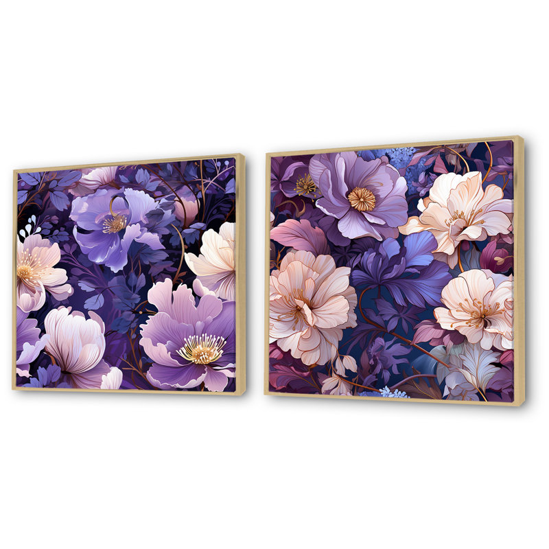 Fleurs mauves Wonderland - ensemble de 2 décorations murales florales, Cadre flottant brun, H 16 po x l 33 po x P 1 po
