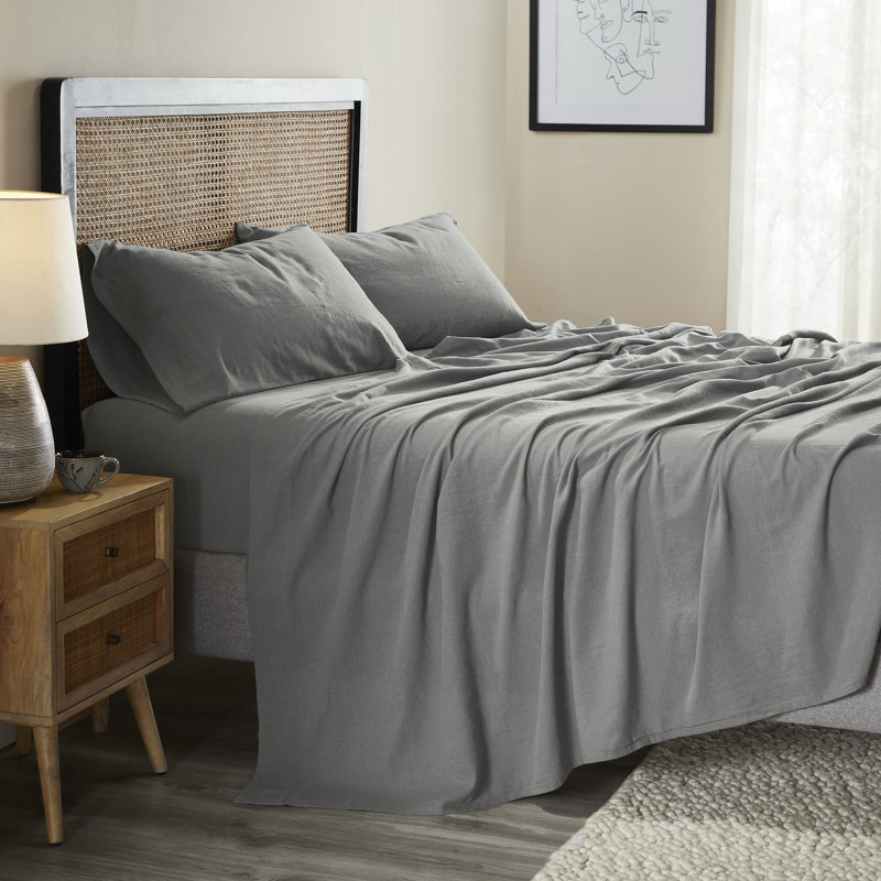 Orion Cotton Linen Blend Garment Washed Deep Pocket Bed Sheet Set, Full Sheet 4pc Set, Charcoal