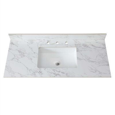 Dessus de meuble-lavabo Morganti, dessus de meuble-lavabo en pierre frittée Carra Barthroom avec lavabo rectangulaire encastré en céramique avec dosseret de meuble-lavabo, comptoir de meuble-lavabo à trois trous