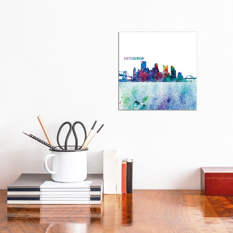 Pittsburgh Pennsylvania Skyline Silhouette Impressionistic Splash 1 Piece Wrapped Canvas Painting, 30.48 cm H x 30.48 cm W