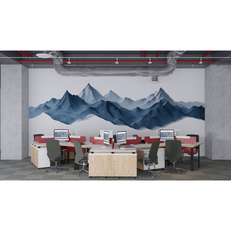 Adhésif mural bleu montagne, aquarelle paysage vinyle autocollant, décor de bureau moderne, 34x65 inches
