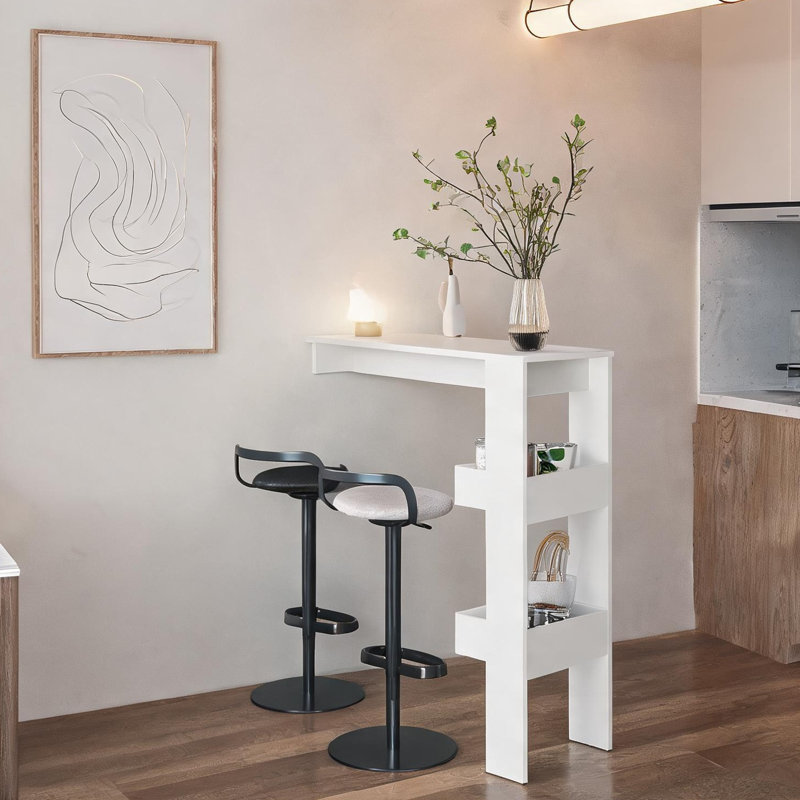 Table de bar moderne avec tablette de rangement intégrée, bois manufacturé de couleur blanche, conception rectangulaire compacte pour la cuisine ou la salle à manger, 2 sièges