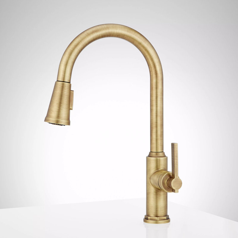 Greyfield 1.8 GPM Single Hole Pull Down Kitchen Faucet, Aged Brass